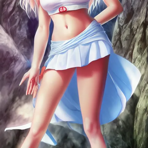 Prompt: full body shot : a very beautiful young blond circus anime girl, sky blue eyes, bikini, white miniskirt, highly detailed, cinematic wallpaper by stanley artgerm lau