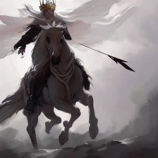 Image similar to a white horse The one who rode him carried arrows and a bow in his hand, and they gave him a crown, digital Art, Greg rutkowski Trending artstation
