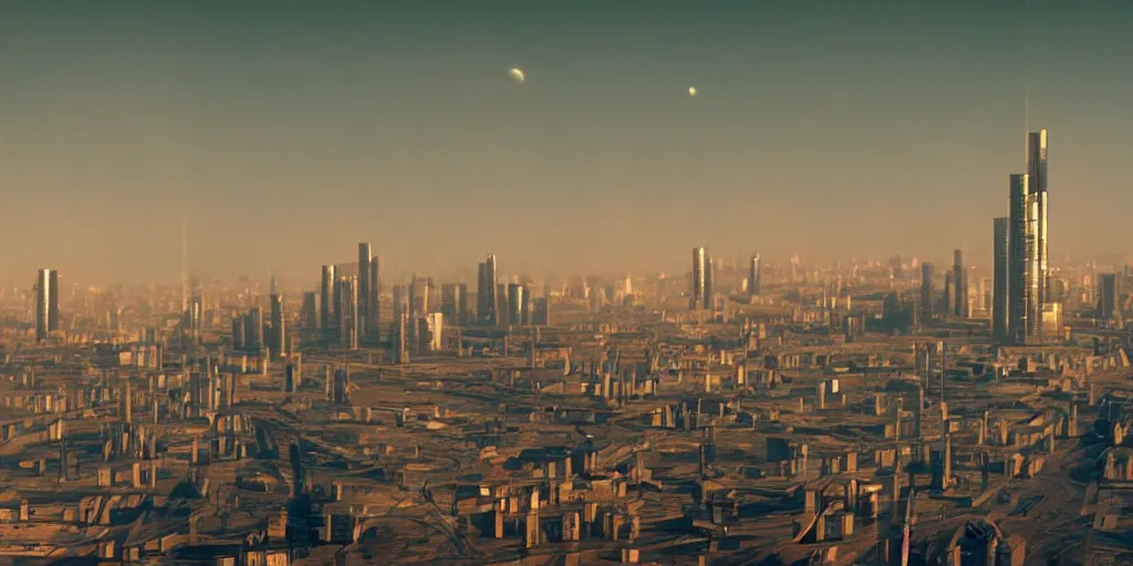 Prompt: cinematic shot of a cityscape futuristic saint petersburg city in the moon, russian orbit city, telephoto, golden mood, iconic scene from the paranoid thriller sci fi film directed by stanley kubrick, anamorphic cinematography, beautiful composition, color theory, leading lines, photorealistic, moody volumetric lighting