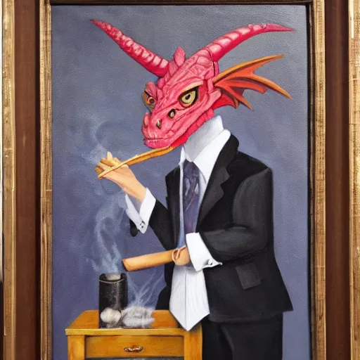 Prompt: oil painting of a dragon wearing a suit and smoking a cigar