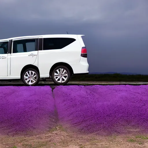 Prompt: white minivan driving away from purple explosion