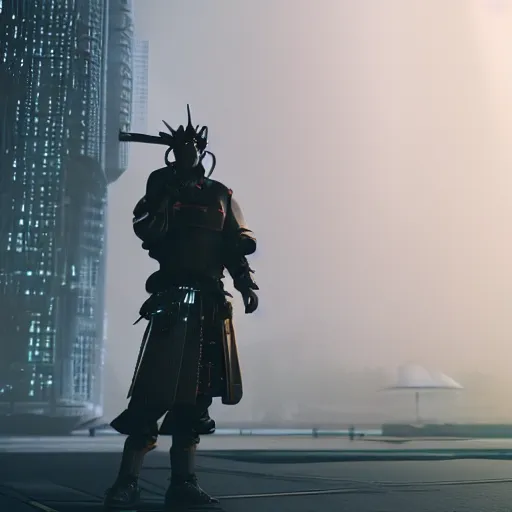 Image similar to cyberpunk samurai in a dytopian future, ultra realistic, fog, raytracing, reflections, rain, octane render