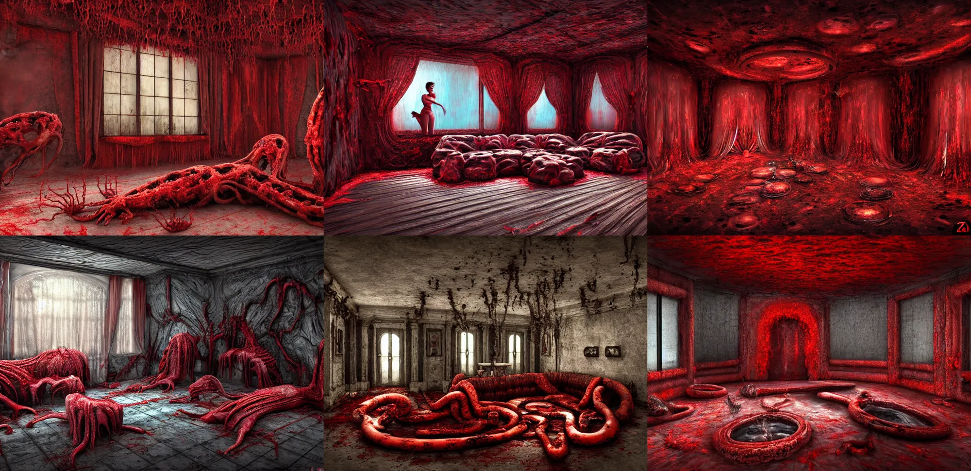 Prompt: living room made of bloody alien tentacle flesh by Zdzislaw Belkinski , digital art, surreal, horror, HD, 8K