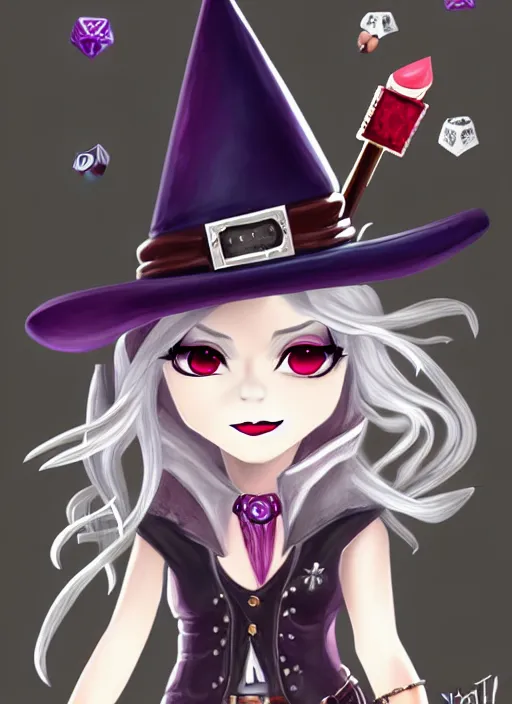 Prompt: a portrait of girl magician, witch hat, lipstick, silver magic, fantasy, dungeons and dragons, an ultrafine detailed painting, chibi, detailed painting, boris valejo. octopath traveler decal!!!