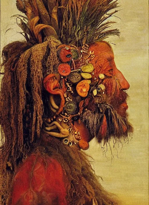 Image similar to a surreal painting of a shaman's profile face, by Giuseppe Arcimboldo, symbolist, soft colors, dramatic lighting, smooth, sharp focus, extremely detailed, aesthetically pleasing composition