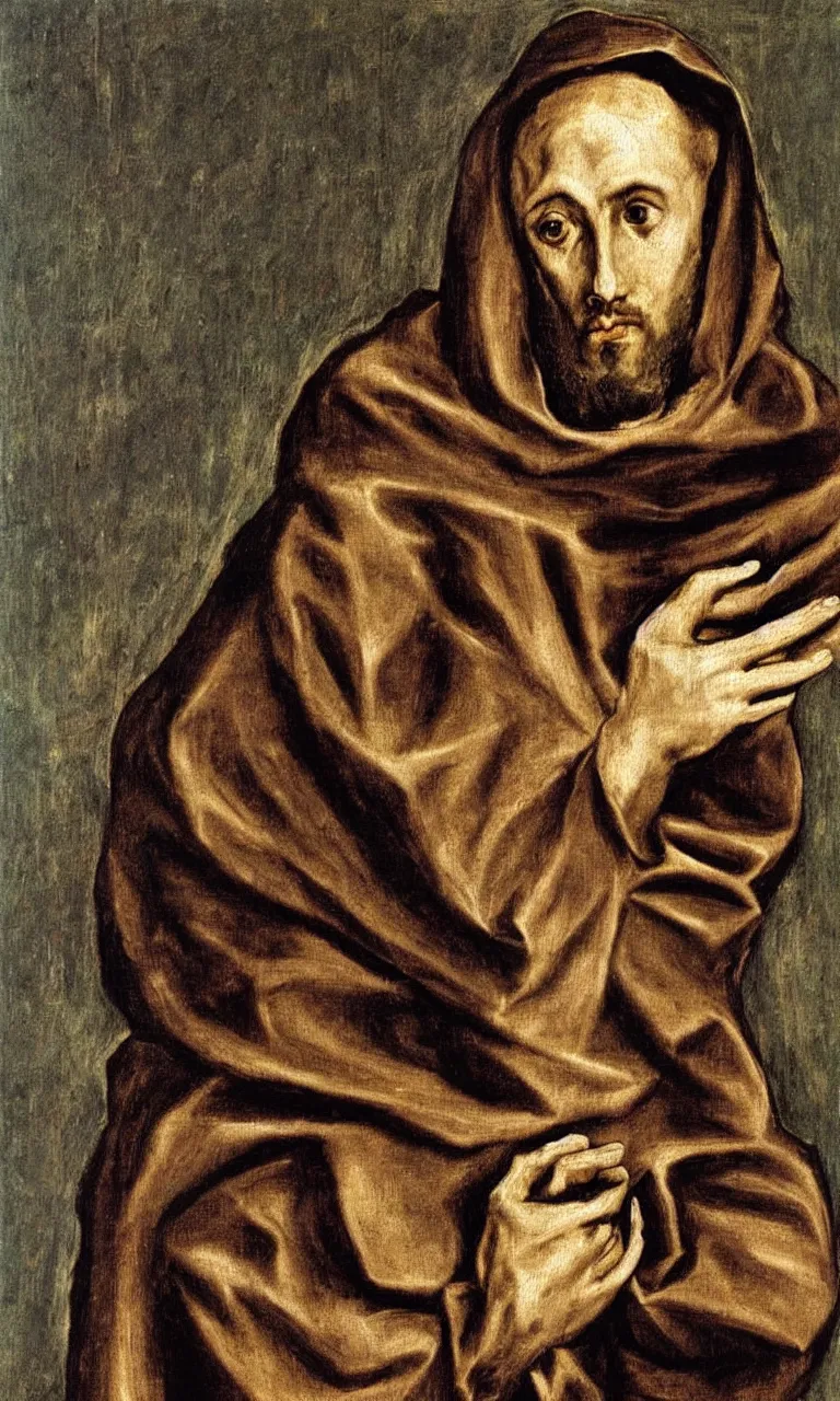 Prompt: an oil painting of Saint Francis of Assisi, half length, very detailed face and wearing brown habit and hood, by El Greco