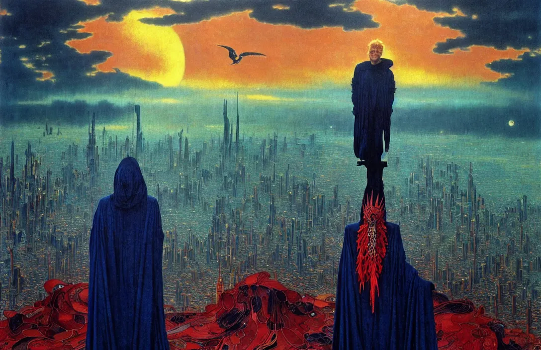 Prompt: realistic detailed portrait movie shot of a birdman wearing dark ragged robes, futuristic city sunset landscape background by denis villeneuve, amano, yves tanguy, alphonse mucha, ernst haeckel, max ernst, roger dean, ridley scott, dramatic dynamic composition, rich moody colours, blue eyes