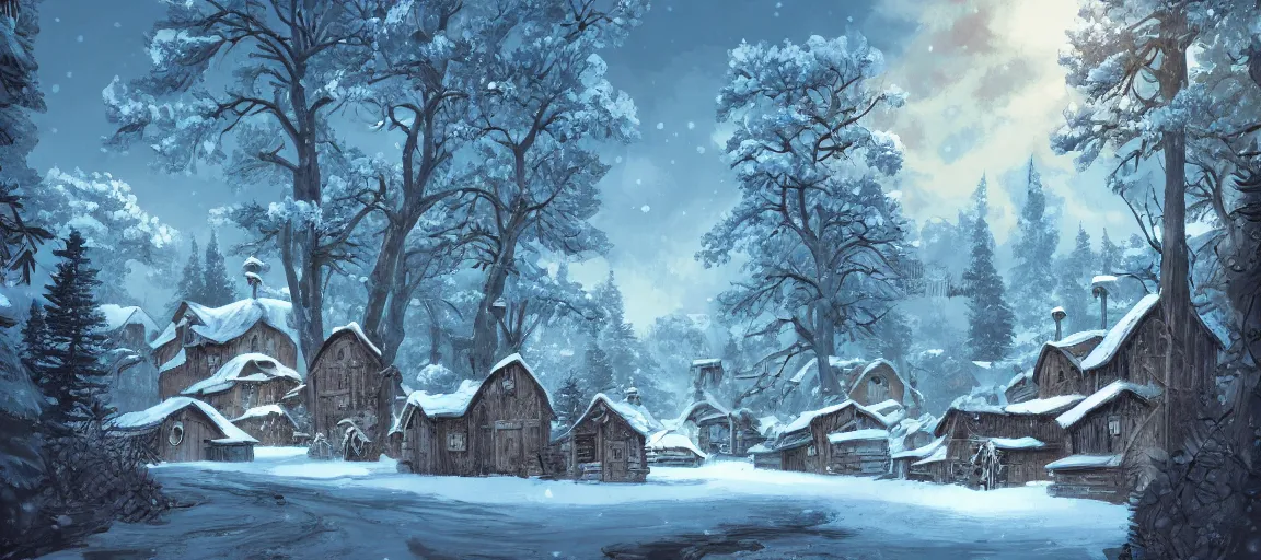 Prompt: Beautiful detailed high quality illustration of an old russian village, beautiful forest on background::winter::art by Ghibli Studio, League of Legends, Arcane, Wild Rift, trending on artstation