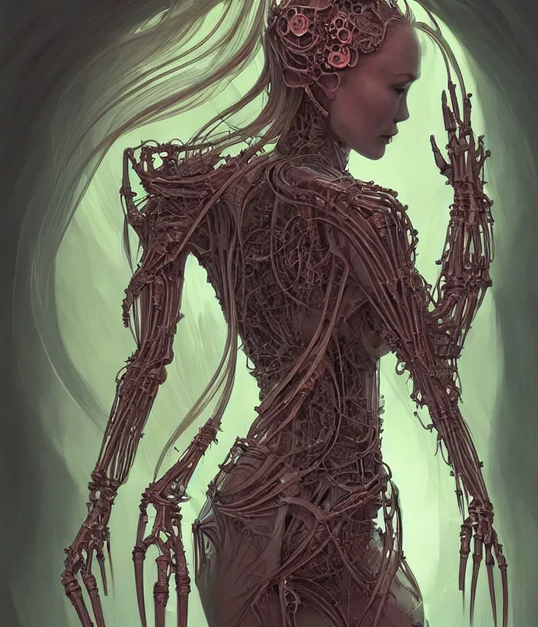 Image similar to fully symmetrical centered portrait of a beautiful princess in robe. artificial muscles, ribcage, bones, hard surface modelling. cyberpunk look. biomechanical mask. bio luminescent biomechanical halo around head. jellyfish. artwork by jarold Sng by artgerm, by Eddie Mendoza, by Peter mohrbacher by tooth wu by alfons mucha, unreal engine, octane render, cinematic light, iridescent details, iridescent colors, dichroic, macro, depth of field, blur