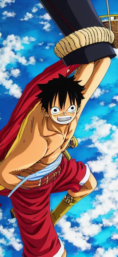 Image similar to a aerial photo of luffy, side shot, by shunji dodo, 8 k resolution, high quality