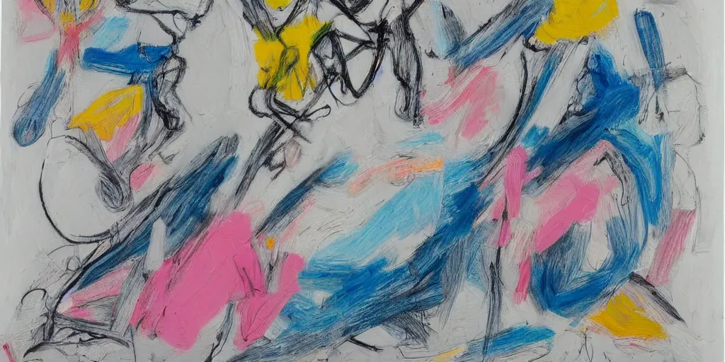 Prompt: de kooning thin scribble on white canvas, blue and pink shift, martha jungwirth sketch, drawn by yves tanguy, oil on canvas, thick impasto