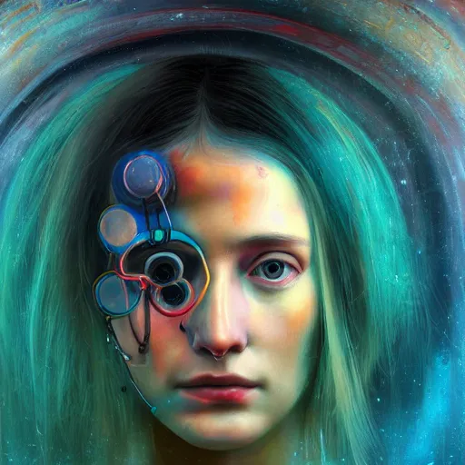 Prompt: painting of a close - up on the face of a cyberpunk girl, into a trance and closed eyes, connected by cables in her head, in the style of agostino arrivabene, renaissance, dark, surrealism, low contrast, blue, red, pink, cyan, sacred geometry, intricate