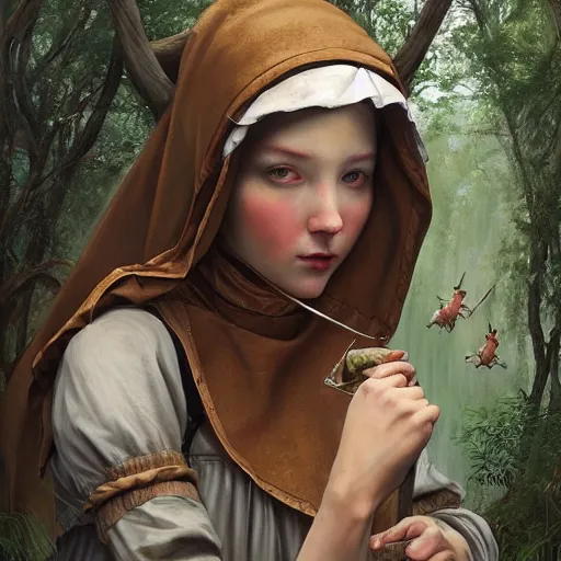 Image similar to A masterpiece portrait of a Incredibly beautiful maid barique renaissance swamp nun girl hunting on deer with russian greyhound medium shot, intricate, elegant, highly detailed. trending on artstation, digital art, by Stanley Artgerm Lau, WLOP, Rossdraws, James Jean, Andrei Riabovitchev, Marc Simonetti, Yoshitaka Amano. background by James Jean and Gustav Klimt, light by Julie Bell, 4k, porcelain skin.