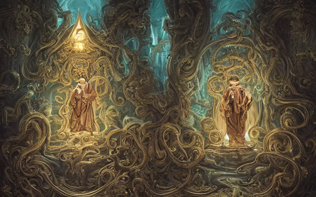 Prompt: pope priest in front of a cthulhu within a viscosity fluid lovecraft portal, intricate architecture, baroque detailed, shiny colors, high - key lighting, beautiful composition, intricate, elegant, pro photography by, highly detailed, art by artgerm and peter mohrbacher, subsurface scattering, ray tracing, vivid colors, octane render