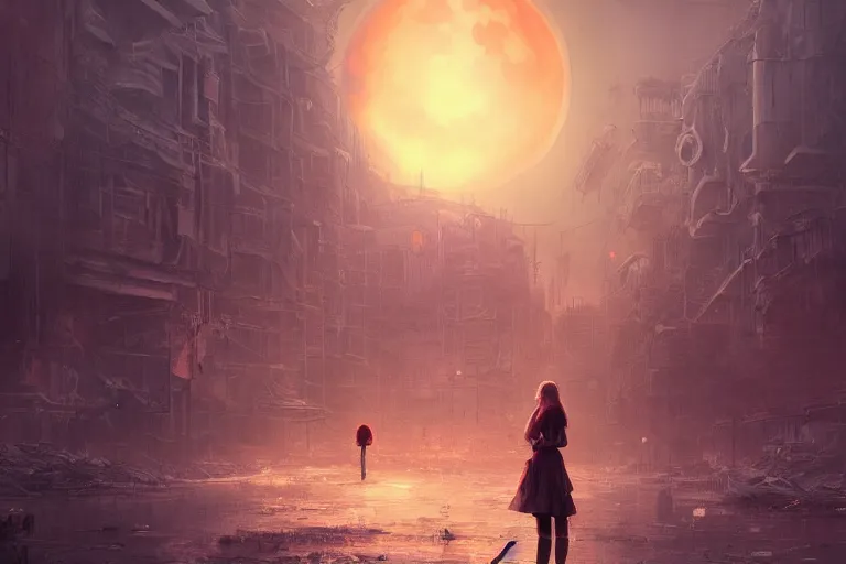 Image similar to a detailed illustration of a lonely girl against the background of a ravaged city and a red moon, artstation, by Mandy Jurgens, sophisticated, Unreal engine, dystopia, anti-utopia, post processing, nostalgic melancholic artwork, intricate