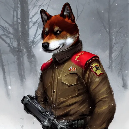 Image similar to portrait of a communist shiba inu dog as a soviet officer, tragic, elegant, fantasy, hd shot, digital portrait, beautiful, artstation, comic style, by artgerm, guy denning, jakub rozalski, magali villeneuve and charlie bowater