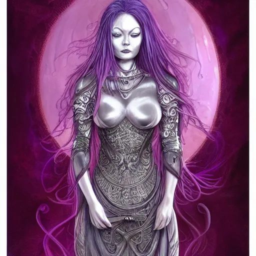 Prompt: portrait of young strong prophetess of the moon, silver filigree armor, purple hair, translucent skin, beautiful! coherent! by brom, by junji ito, strong line, high contrast, muted color