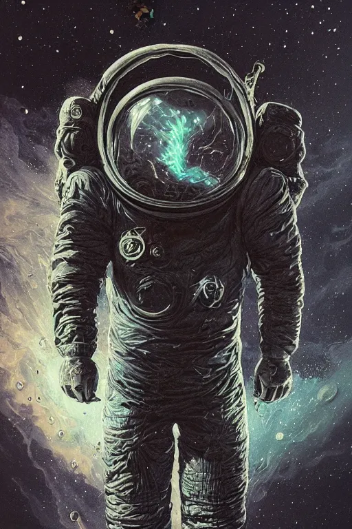 Prompt: close up shot of a full body floating astronaut portrait water elemental, high contrast, james gurney, peter mohrbacher, mike mignola, black paper, mandelbulb fractal, trending on artstation, exquisite detail perfect, large brush strokes, intricate ink illustration, black background