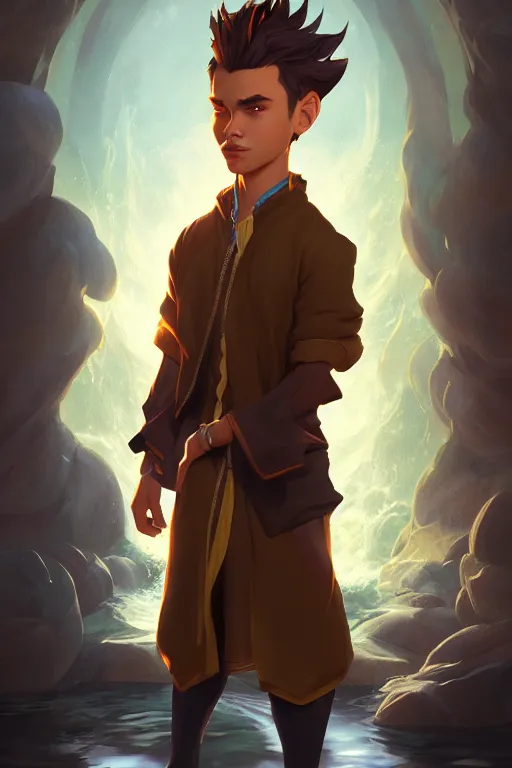 Prompt: a game art portrait of a handsome young male wizard of the water element by Cory Loftis, hyperrealism, very detailed, Vray, Rembrandt lighting, artstation, Deviantart, fantasy art, rpg portrait