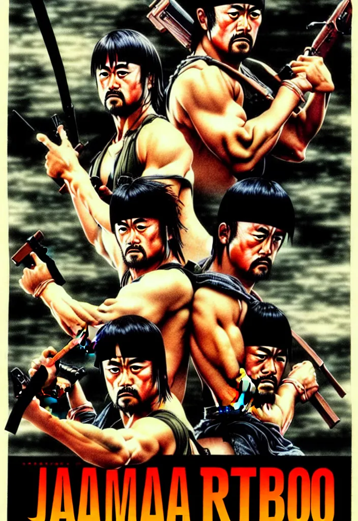 Prompt: japanese rambo - movie poster, 1 9 8 5, hq print