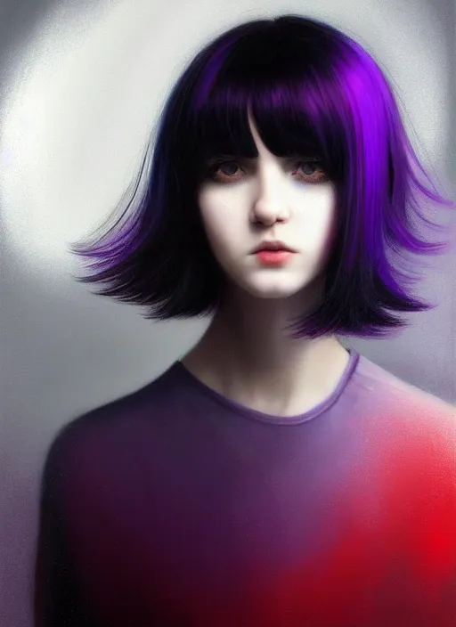 Image similar to hair blackbangs hair, white hair, blackbangswhitehair, portrait of teenage girl with black bangs, red irises, purple clothes, black bangs, bangs are white hair is black, intricate, elegant, glowing lights, highly detailed, digital painting, artstation, concept art, sharp focus, illustration, art by wlop, mars ravelo and greg rutkowski