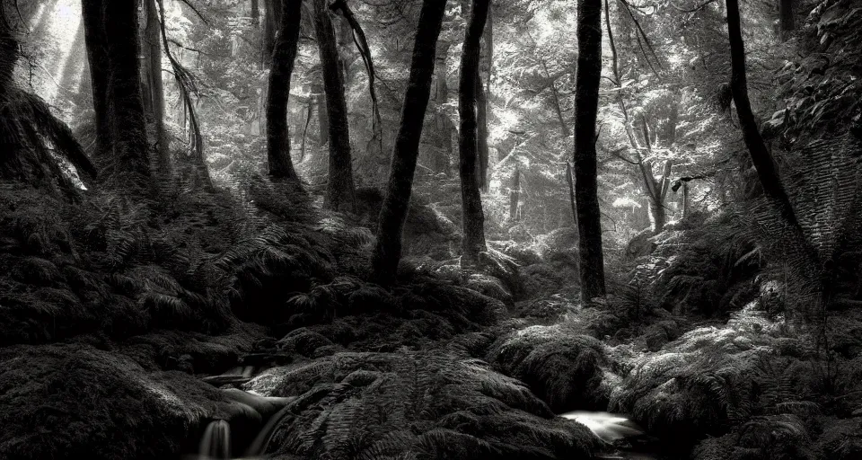 Prompt: deep inside the forest, stream, dramatic lighting, moss, ferns, epic, award winning photo by ansel adams, masterpiece, artstation
