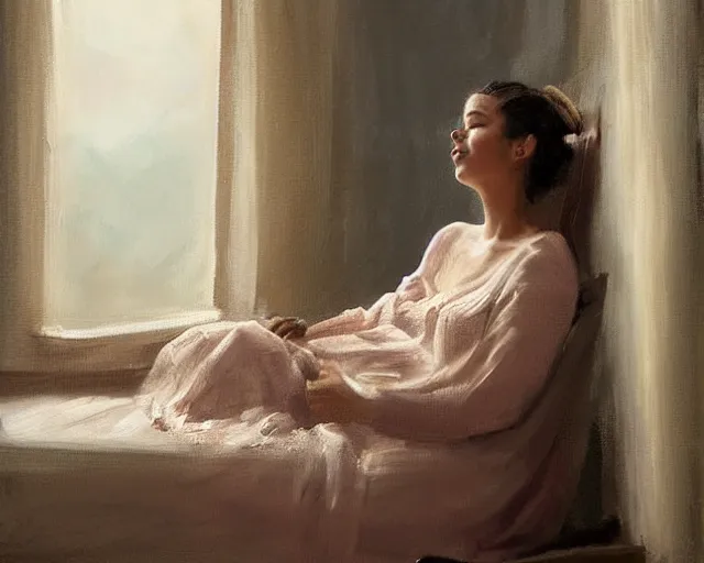 Image similar to a beautiful painting of a relaxed smiling woman in a soft night gown sitting with her eyes closed on a loose pile of soft fabrics infront of a window with the blinds drawn shut. one shoulder strap is falling off her shoulder. there is a flower vase near her. by richard s. johnson, trending on deviantart, painterly,