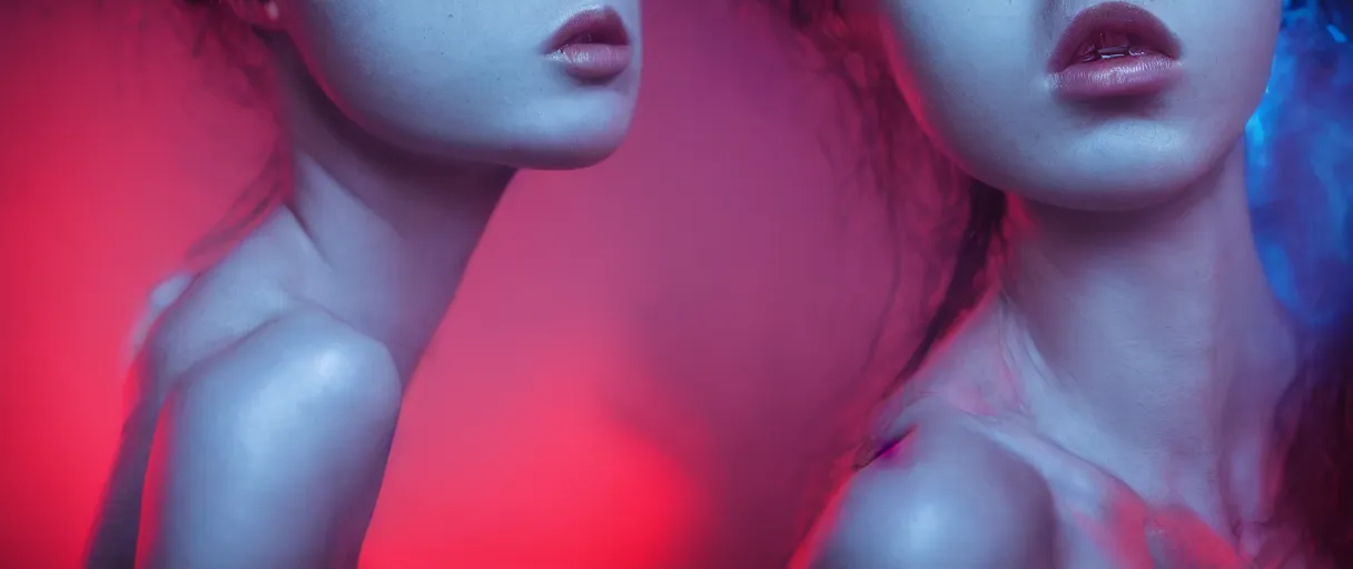 Image similar to photo of slim girl, 20yo, close-up, high detail, studio,profile pose, bust shot, high detail, studio, high detail, smoke, sharp, neon lights, smoke, sharp, Blue violet light, studio, smoke, sharp, cyberpunk, 85mm Sigma Artneon cross art lens