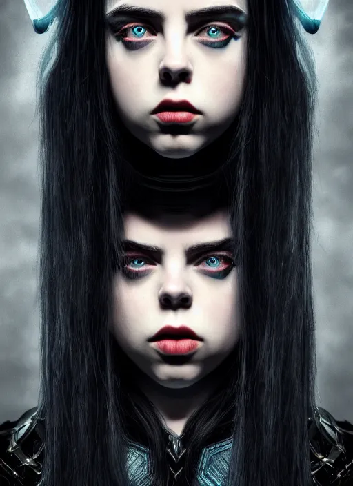 Image similar to Billie Eilish as female loki by, hyper detail, hyper realistic, octane render, noir, gorgeous symmetrical face, elegant,