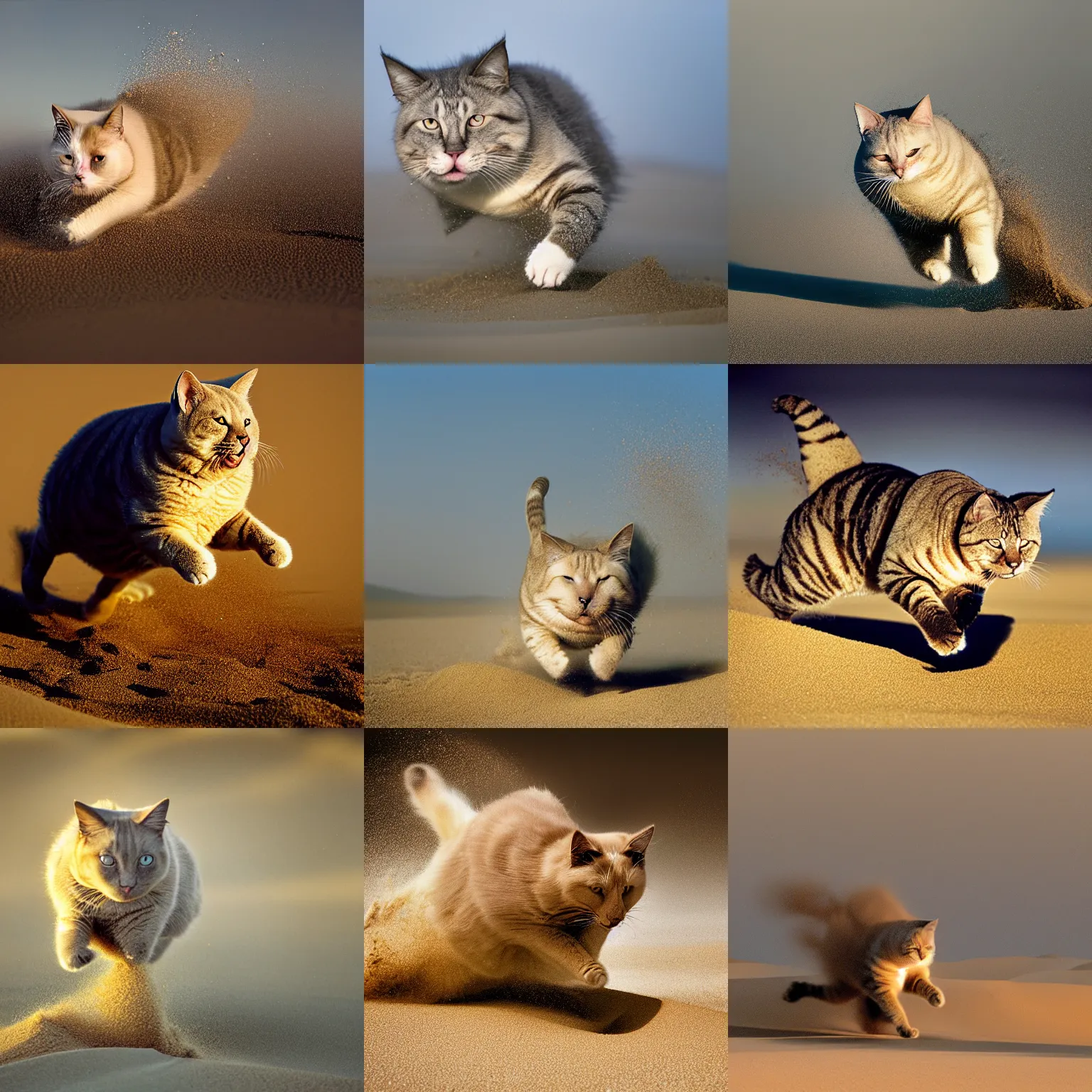 Prompt: award winning wildlife photography, a fat house cat merging from the sand, high midair shot, running towards the camera, straight shot, high shutter speed, dust and sand in the air, wildlife photography by Paul Nicklen, shot by Joel Sartore, Skye Meaker, national geographic, perfect lighting, blurry background, bokeh