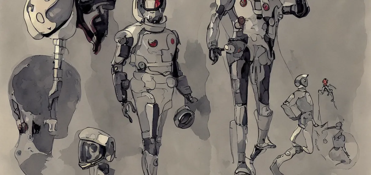 Image similar to male, full body!!!!!!, space suit with a modern helmet, large shoulders, short torso, long thin legs, tiny feet, character sheet, science fiction, very stylized character design, watercolor digital painting, by mike mignola, by alex maleev, jean giraud, painted by leyendecker
