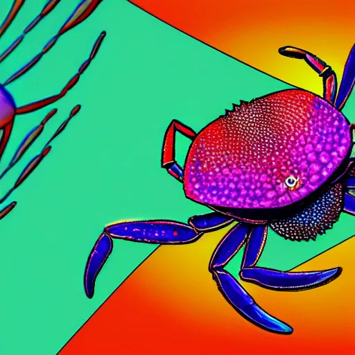 Prompt: psychedelic crab pinching a coin