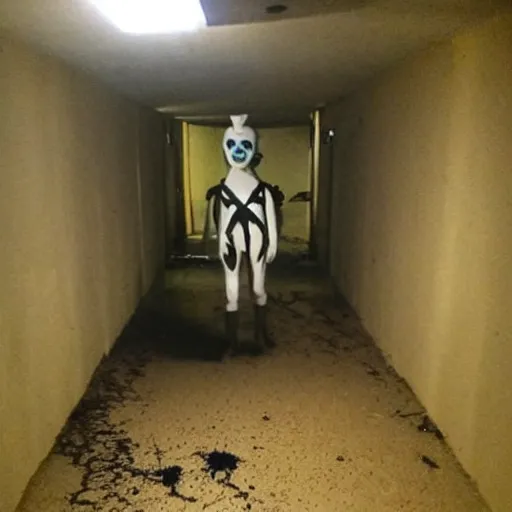 Prompt: a flooded creepy empty basement hallway with a creepy clown, craigslist photo