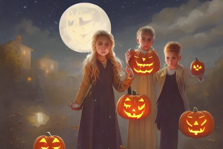 Image similar to portrait of halloween trick or treaters, star filled night sky neightborhood with pumpkins background, charlie bowater, artgerm, ilya kuvshinov, krenz cushart, ruan jia, realism, ultra detailed, 8 k resolution