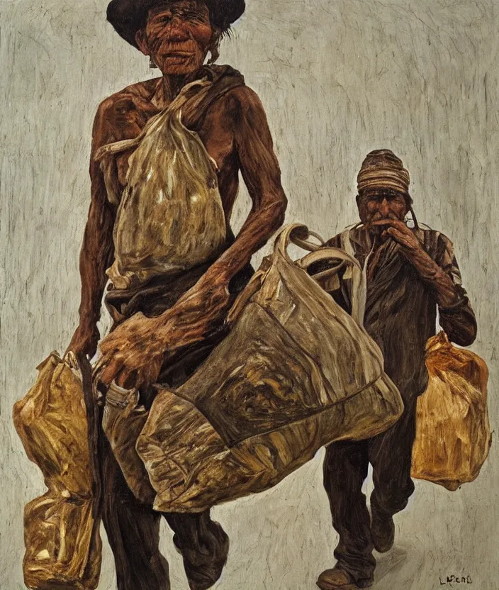 Image similar to indigenous man carrying a lot of bags, painted by lucian freud, hd, super detailed, realistic, muted colors