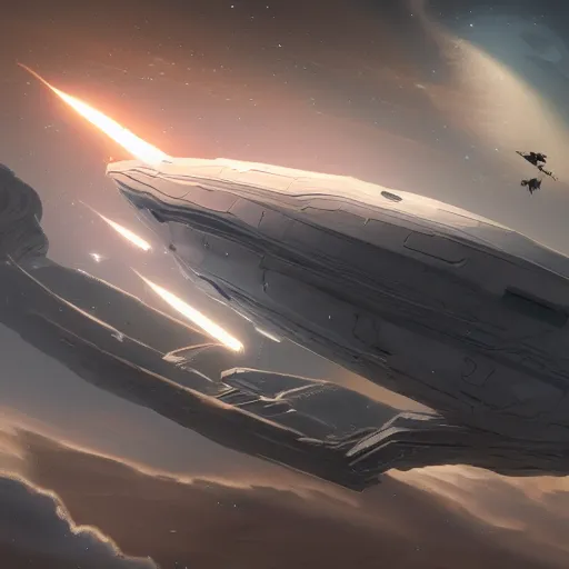 Image similar to concept art of a large space vessel in the shape of an spear flying through the space, scifi, beautiful ilumination, artstation hq