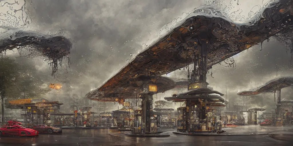 Prompt: a beautiful insanely detailed modern gas station intricate detailed color smashing fluid oilpaint, 3 d render, hyper realistic detailed, color leaves, melting wax, fluid acrilic, thin fractal tendrils, ruan jia, wlop. scifi, fantasy, hyper detailed, octane render, concept art, by peter mohrbacher, by wlop, by ruan jia