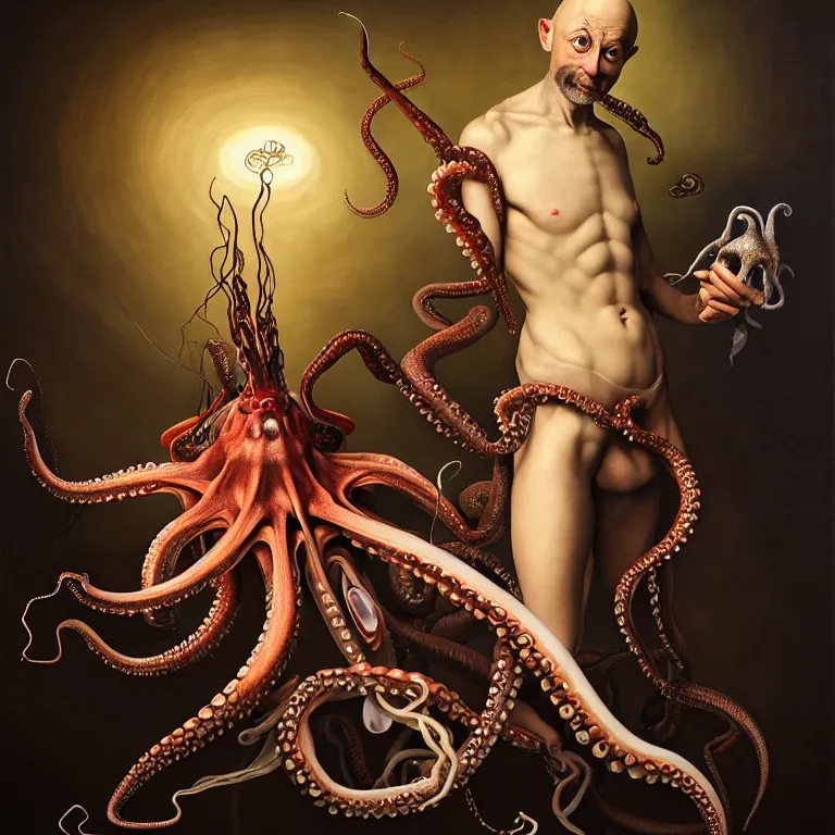 Prompt: young manly bald man wearing exoskeleton, holding a squid, octopus, shell, black background, beautiful baroque portrait painting, psychedelic, trippy, hallucination, dream, beautiful detailed intricate insanely detailed octane render trending on Artstation, 8K artistic photography, photorealistic, chiaroscuro, Raphael, Caravaggio