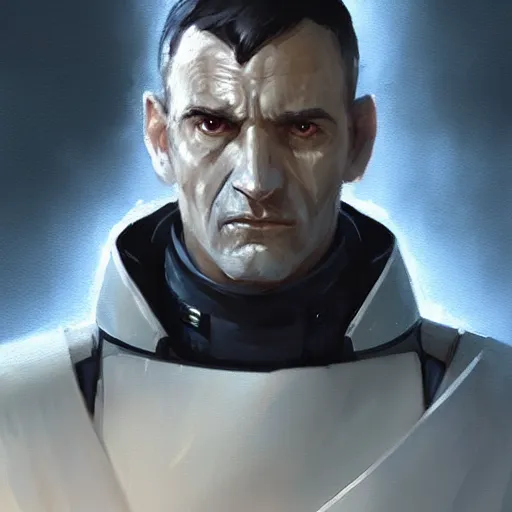 Image similar to portrait of a man by greg rutkowski, great admiral thrawn from star wars, blue skin, short black hair in military style, tall, star wars expanded, universe, he is about 5 0 years old, wearing white colored imperial admiral uniform, artstation hq