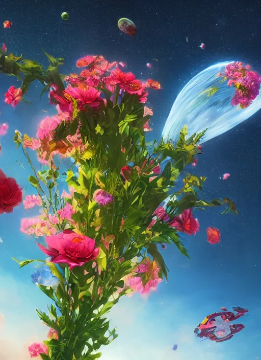 Image similar to An epic fantastic realism comic book style painting of the most beautiful flowers launched into space, bouquets, fisheye lens, unreal 5, DAZ, hyperrealistic, octane render, dynamic lighting