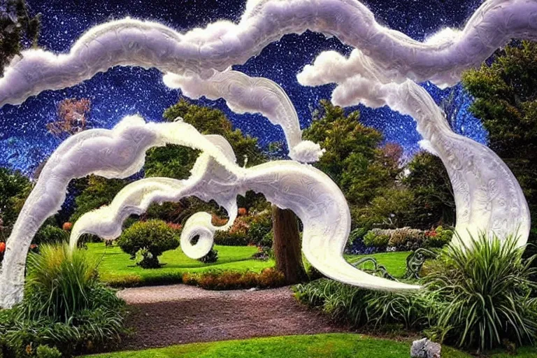 Image similar to a huge flock of many intricate elegant french horn cloud sculptures, art nouveau garden environment, soothing, milky way, award winning art, epic dreamlike fantasy landscape, ultra realistic,