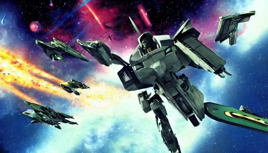 Image similar to full - color cinematic movie still from a live - action macross action film directed by michael bay. the scene features the valkyrie robots from macross fighting against zentradi in space or on planets, and changing to gerwalk mode. realistic robotech movie. highly - detailed ; photorealistic ; epic.