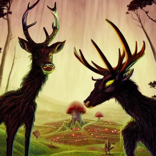 Image similar to 4 k headshot portrait of a psychedelic demonic anthropomorphic deer - horned wendigo smoking a hand - rolled cigarette smoking heavily, magic mushroom village in background. award winning. superb resolution. in the art style of junji ito and greg rutkowski. detailed mushroom city in background. hyper realistic anime. perfect art. dalle 2