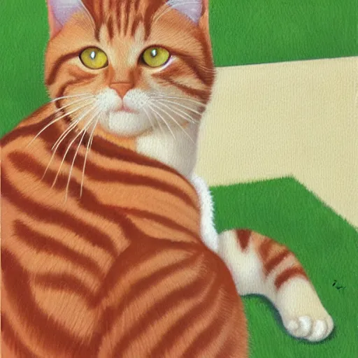 Image similar to oil painting of a red tabby cat sitting in the backyard, by Hiroshi Nagai