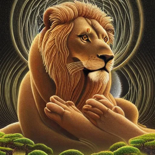 Image similar to an anthromorphic lion meditating in a zen garden with a waterfall under the blood moon, by Adi granov and afarin sajedi and amanda sage and evgeni gordiets and Agostino Arrivabene and adonna khare in a psychedelic portrait style, ultrarealistic matte painting, volumetric lighting, fractal, extremely symmetrical, highly detailed face, orisha, 8k, hd