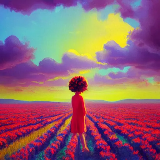 Image similar to girl with a giant carnation head, surreal photography, flower field, sunset dramatic light, impressionist painting, colorful clouds, blue sky, digital painting, artstation, simon stalenhag