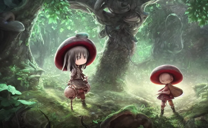 Image similar to cute little girl with an long hair wearing an mushroom hat in the dark forest next to a sinister monster, cute artwork, clean detailed art, inspired made in abyss, detailed background, fantastic world, spectacular quality