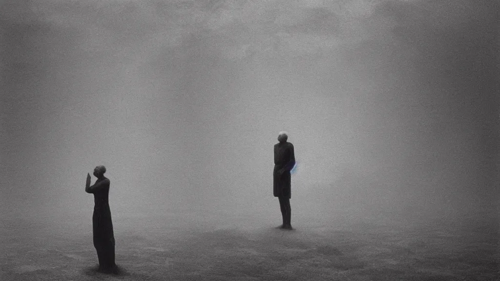 Prompt: a man filters his consciousness by Zdzisław Beksiński, film still, cinematic