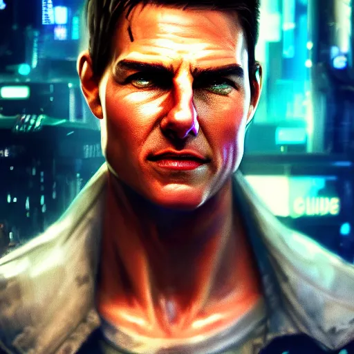 Image similar to tom cruise portrait, Cyberpunk 2077, cyberpsycho, photorealistic, ultra detailed, neon, octane, bokeh, cyber, cyberpunk city, feature, scars, cyberface, 8k