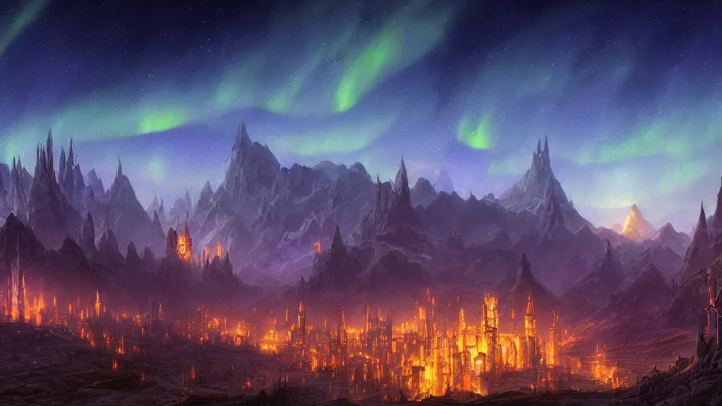 Prompt: An elvish city at night, with beautiful glowing lights reflecting off the hilltops. Beautiful stars, aurora borealis. Magical Scene. Epic Landscape and City Painting by Tyler Edlin, and Michael Whelan, and J.R.R. Tolkien. 4K HD Wallpaper Premium Prints Available.